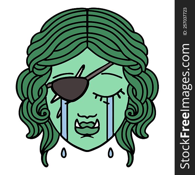 Retro Tattoo Style crying half orc rogue character face. Retro Tattoo Style crying half orc rogue character face