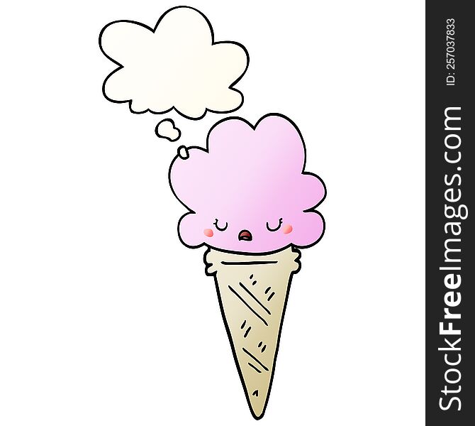 Cartoon Ice Cream With Face And Thought Bubble In Smooth Gradient Style