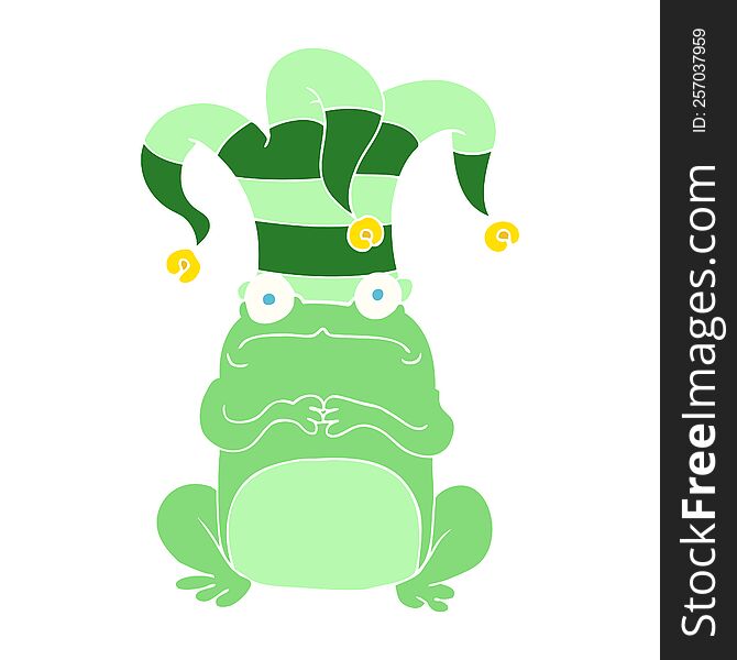 Flat Color Illustration Of A Cartoon Frog Wearing Jester Hat