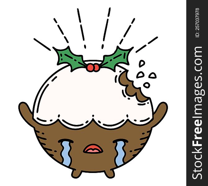 Traditional Tattoo Style Christmas Pudding Character Crying