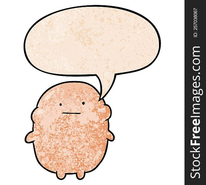 cute fat cartoon human with speech bubble in retro texture style