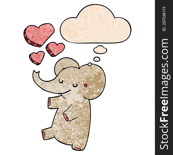 cartoon elephant with love hearts and thought bubble in grunge texture pattern style