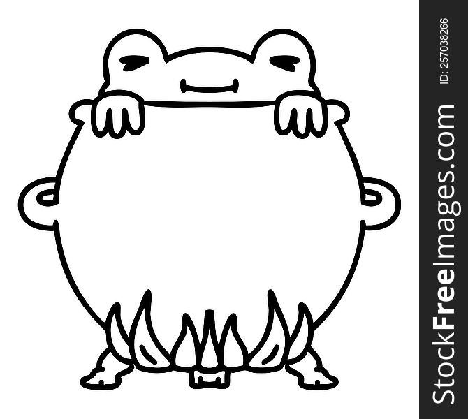 line doodle of a frog bathing in a cauldron. line doodle of a frog bathing in a cauldron
