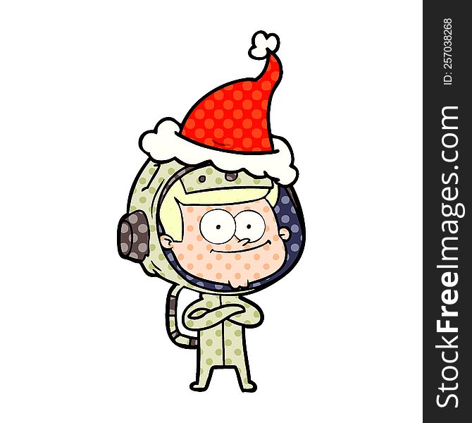 Happy Astronaut Comic Book Style Illustration Of A Wearing Santa Hat