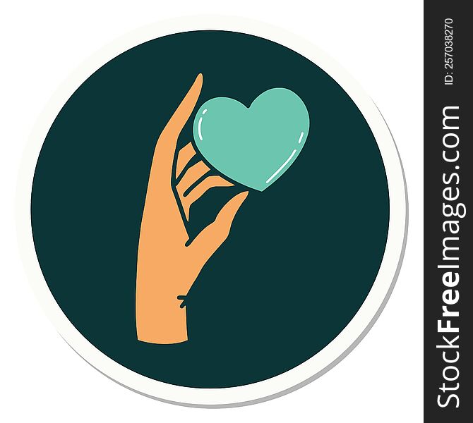 sticker of tattoo in traditional style of a hand holding a heart. sticker of tattoo in traditional style of a hand holding a heart