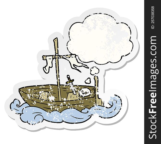 cartoon old boat and thought bubble as a distressed worn sticker