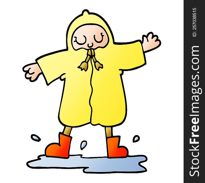 Vector Gradient Illustration Cartoon Person Splashing In Puddle Wearing Rain Coat