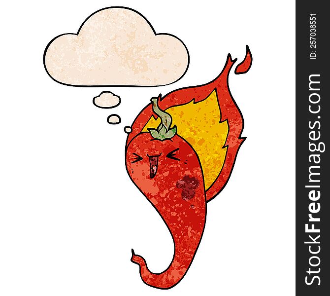 cartoon flaming hot chili pepper and thought bubble in grunge texture pattern style