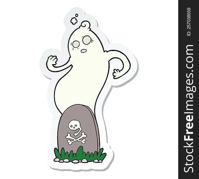 Sticker Of A Spooky Cartoon Grave With Rising Ghost