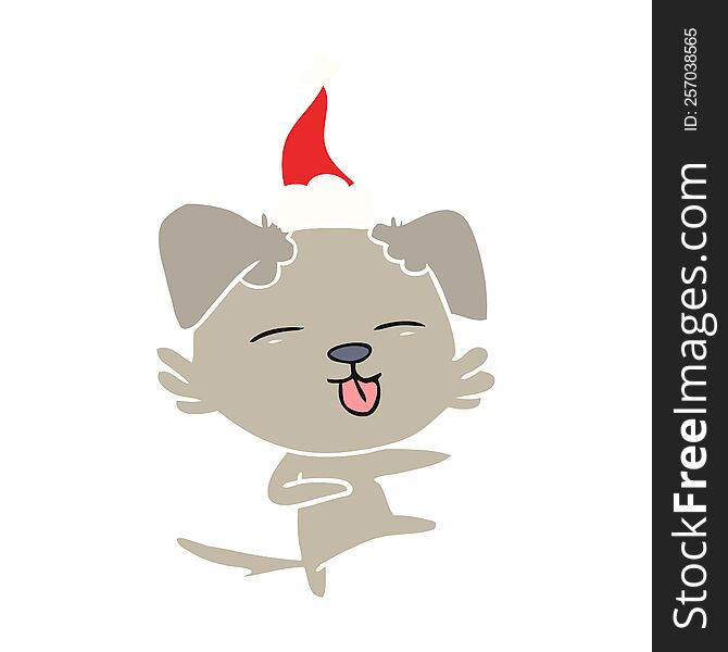 hand drawn flat color illustration of a dog dancing wearing santa hat