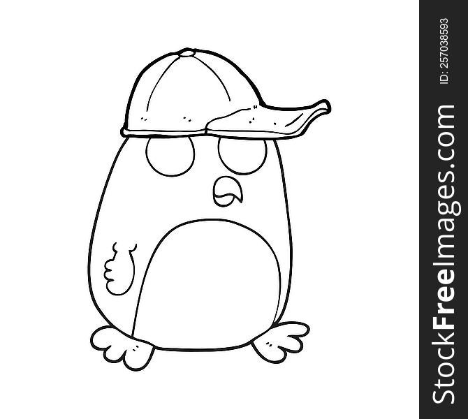 freehand drawn black and white cartoon bird in cap