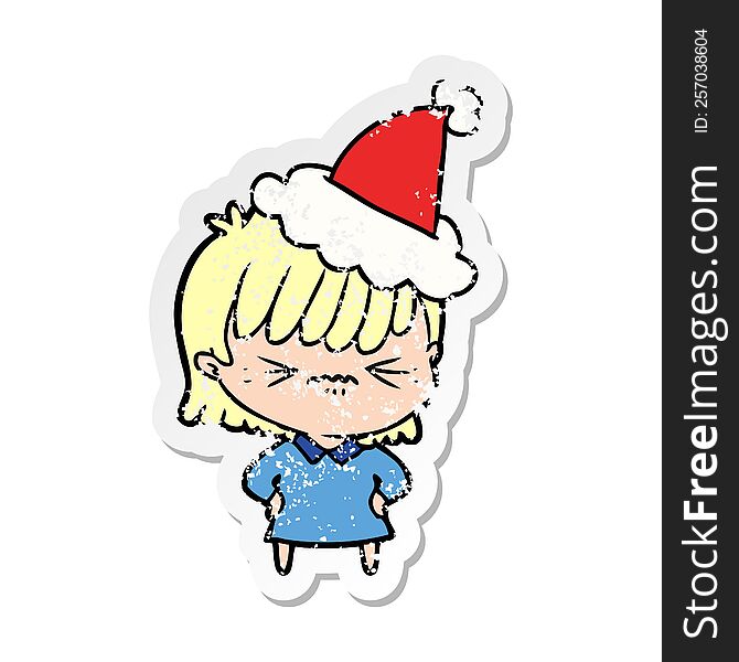 Annoyed Distressed Sticker Cartoon Of A Girl Wearing Santa Hat