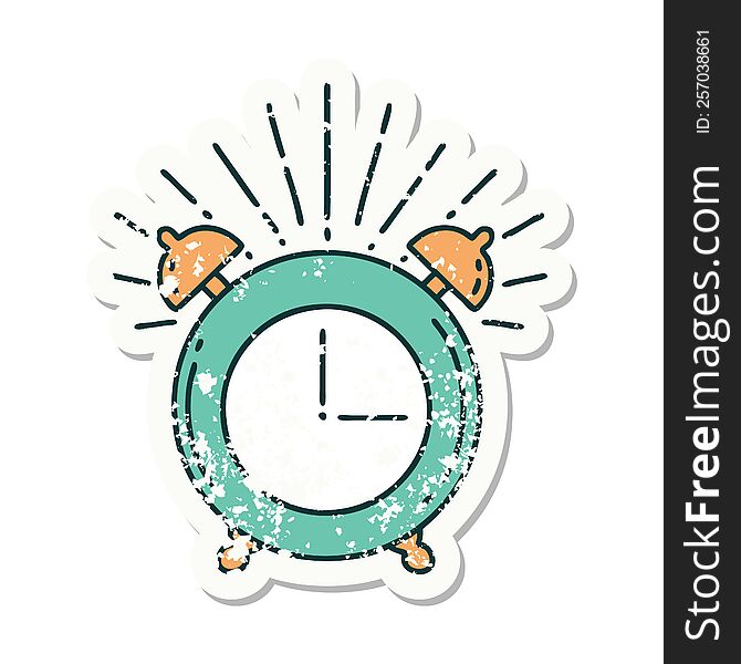 worn old sticker of a tattoo style ringing alarm clock. worn old sticker of a tattoo style ringing alarm clock