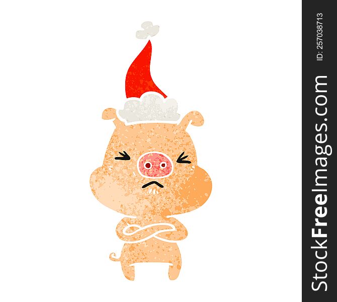 Retro Cartoon Of A Angry Pig Wearing Santa Hat