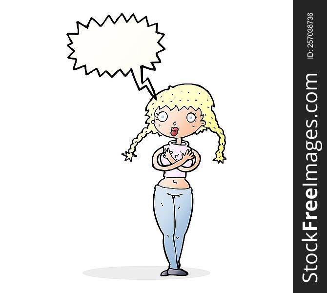 Cartoon Offended Woman Covering Herself With Speech Bubble