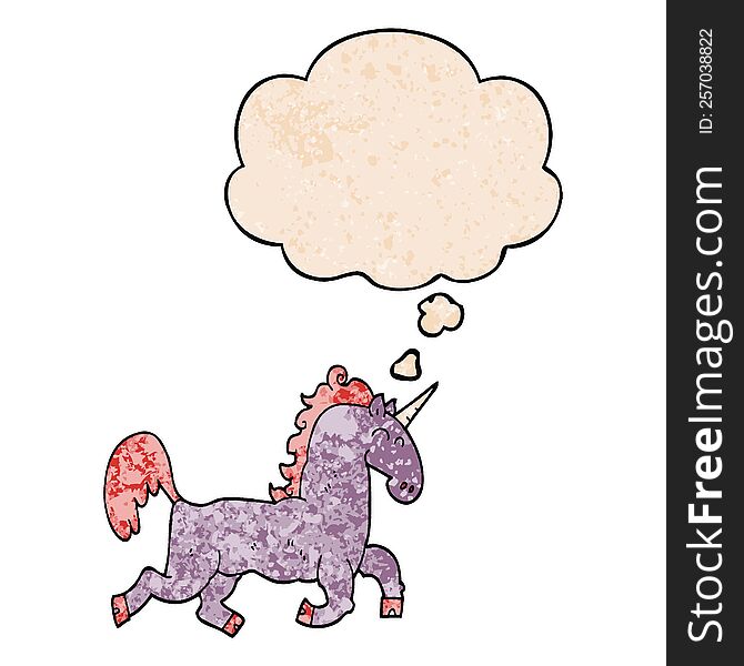 Cartoon Unicorn And Thought Bubble In Grunge Texture Pattern Style