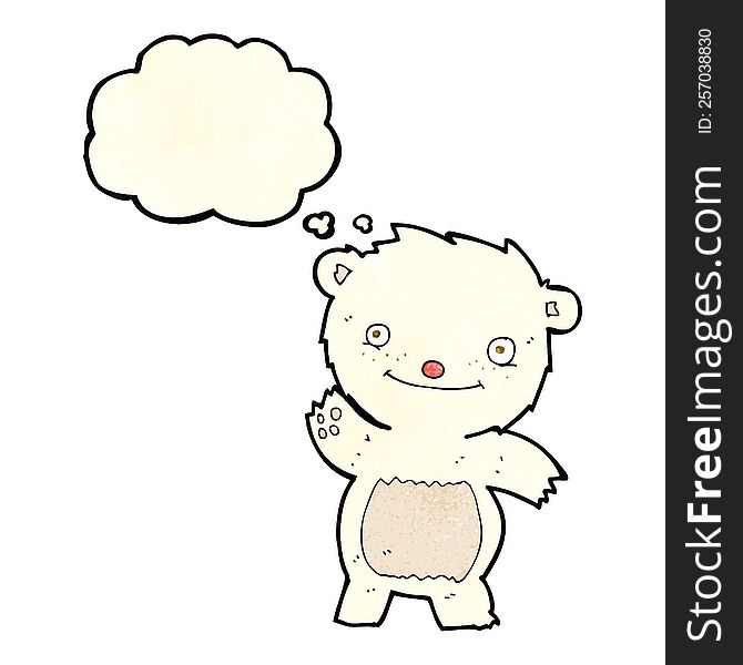 cartoon waving polar bear cub with thought bubble