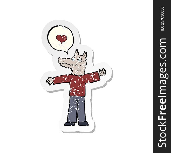 Retro Distressed Sticker Of A Cartoon Werewolf In Love