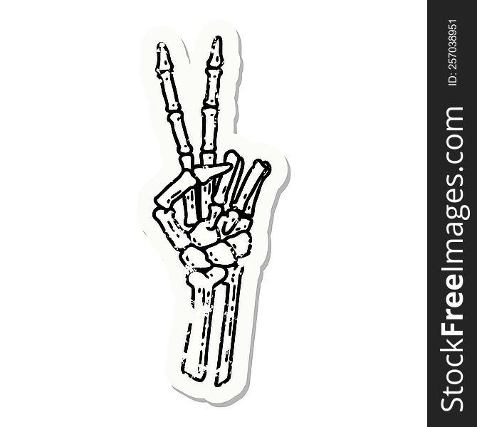 distressed sticker tattoo in traditional style of a skeleton giving a peace sign. distressed sticker tattoo in traditional style of a skeleton giving a peace sign