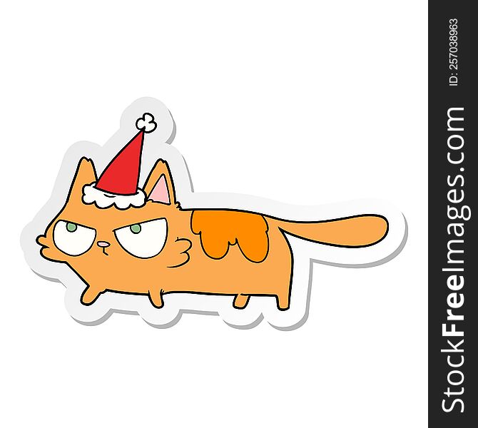 hand drawn sticker cartoon of a angry cat wearing santa hat
