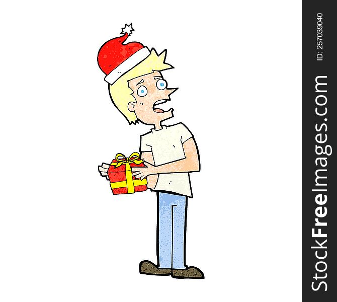 cartoon man holding a christmas present. cartoon man holding a christmas present