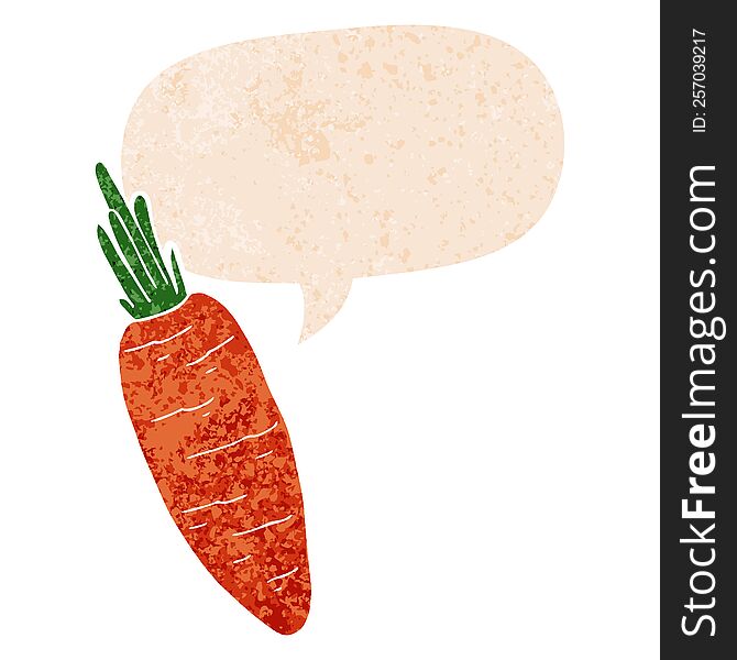 cartoon carrot and speech bubble in retro textured style