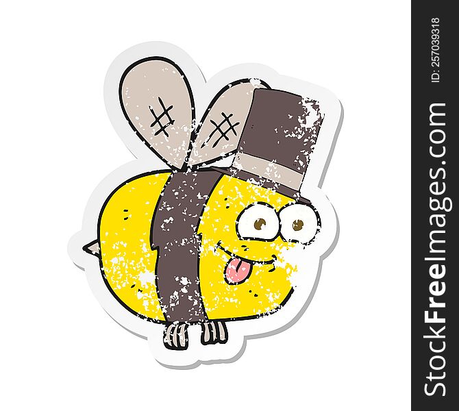Retro Distressed Sticker Of A Cartoon Bee Wearing Hat