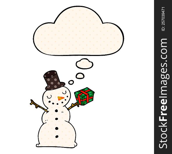 Cartoon Snowman And Thought Bubble In Comic Book Style