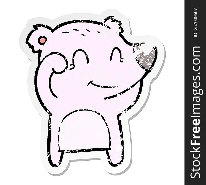 distressed sticker of a tired smiling bear cartoon