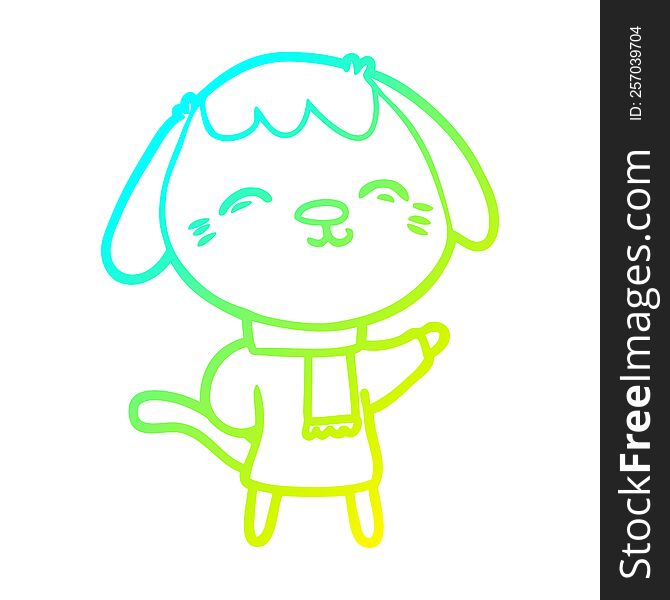 cold gradient line drawing of a happy cartoon dog in winter clothes