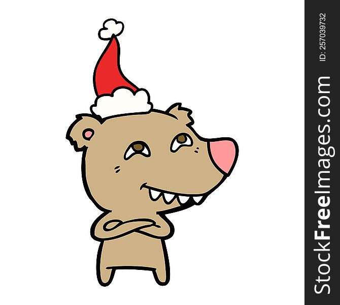 Line Drawing Of A Bear Showing Teeth Wearing Santa Hat