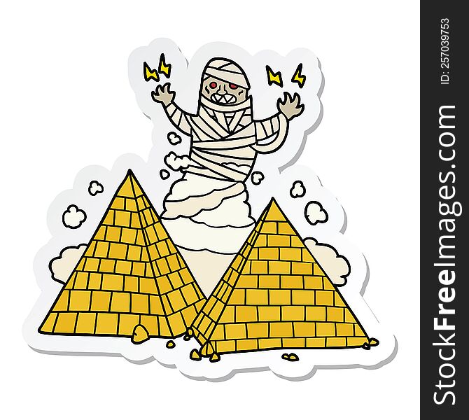 sticker of a cartoon mummy and pyramids