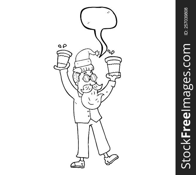 freehand drawn speech bubble cartoon man with coffee cups at christmas
