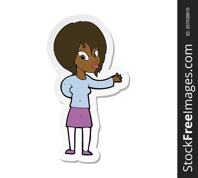 sticker of a cartoon woman making welcome gesture