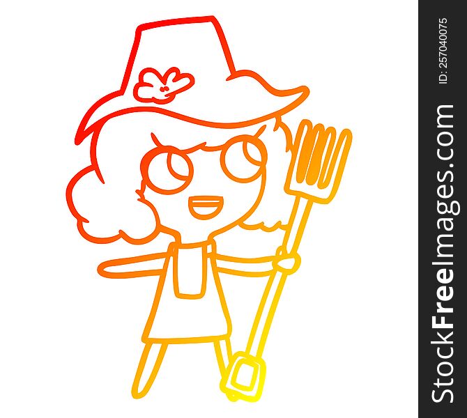 warm gradient line drawing of a cartoon farmer girl with fork