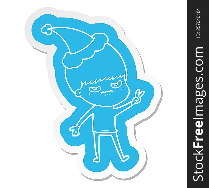 annoyed quirky cartoon  sticker of a boy wearing santa hat