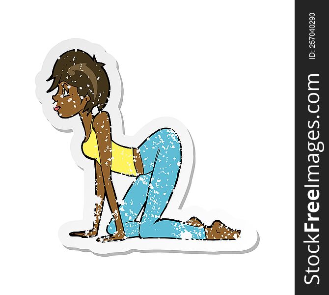 Retro Distressed Sticker Of A Cartoon Sexy Woman On All Fours