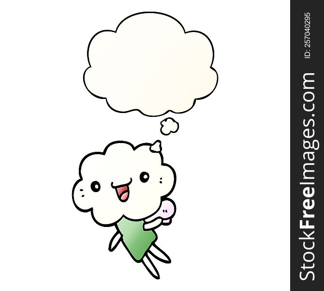 Cartoon Cloud Head Creature And Thought Bubble In Smooth Gradient Style