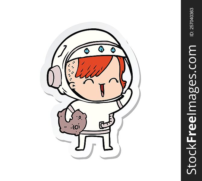 sticker of a cartoon happy spacegirl holding moon rock