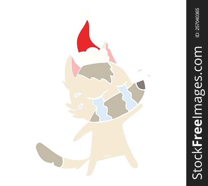 hand drawn flat color illustration of a crying wolf wearing santa hat
