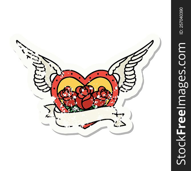 distressed sticker tattoo in traditional style of a flying heart with flowers and banner. distressed sticker tattoo in traditional style of a flying heart with flowers and banner