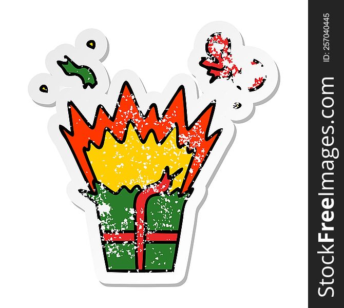 distressed sticker of a quirky hand drawn cartoon of an explosive present