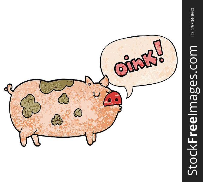 cartoon oinking pig with speech bubble in retro texture style