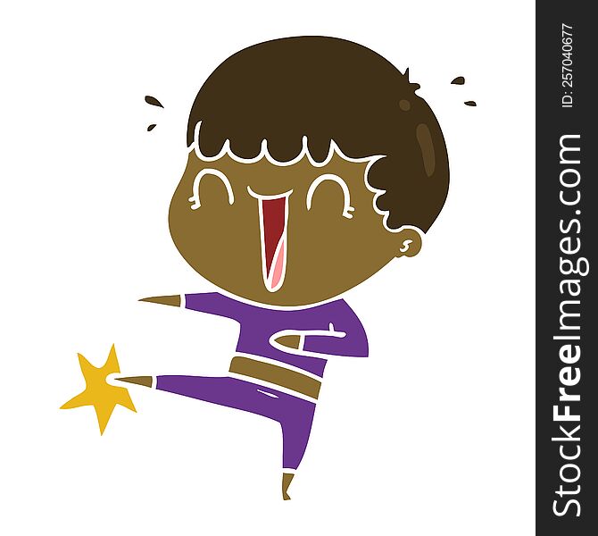 Laughing Flat Color Style Cartoon Man Karate Kicking