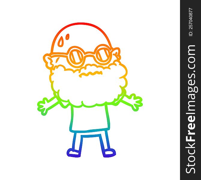 rainbow gradient line drawing of a cartoon worried man with beard and sunglasses