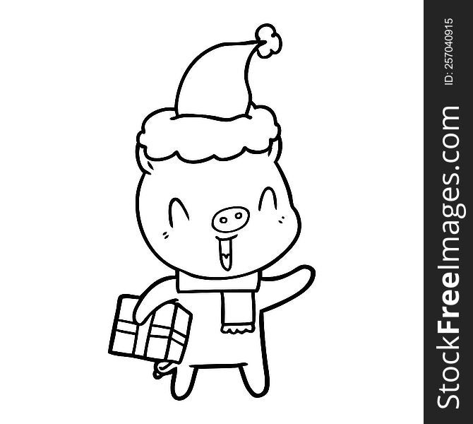 happy hand drawn line drawing of a pig with xmas present wearing santa hat. happy hand drawn line drawing of a pig with xmas present wearing santa hat