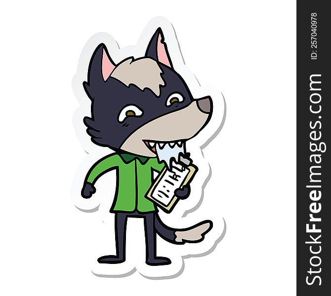 sticker of a cartoon hungry wolf with clip board