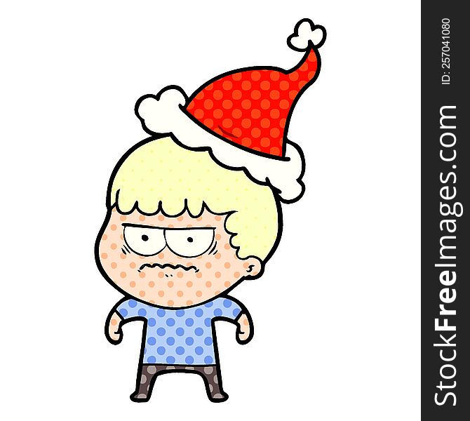 hand drawn comic book style illustration of a annoyed man wearing santa hat