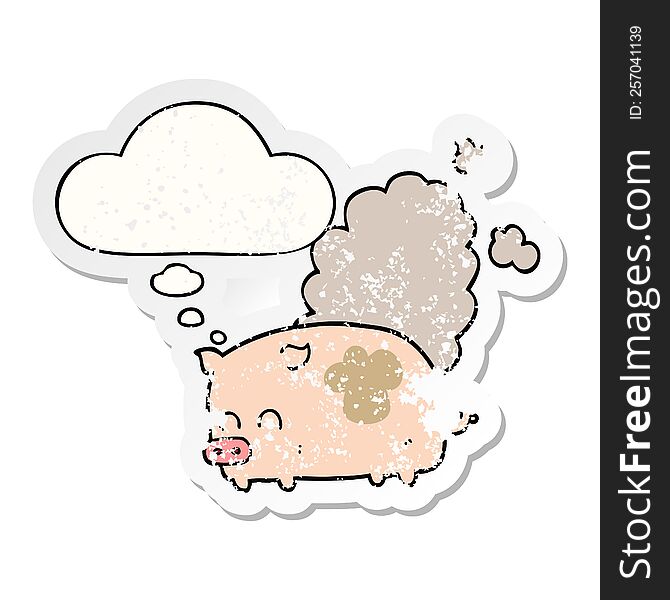 cartoon smelly pig with thought bubble as a distressed worn sticker