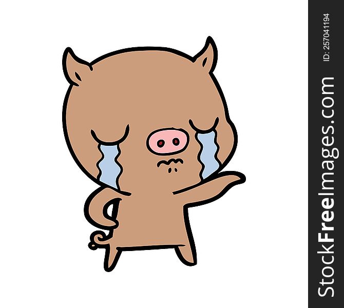 cartoon pig crying pointing. cartoon pig crying pointing